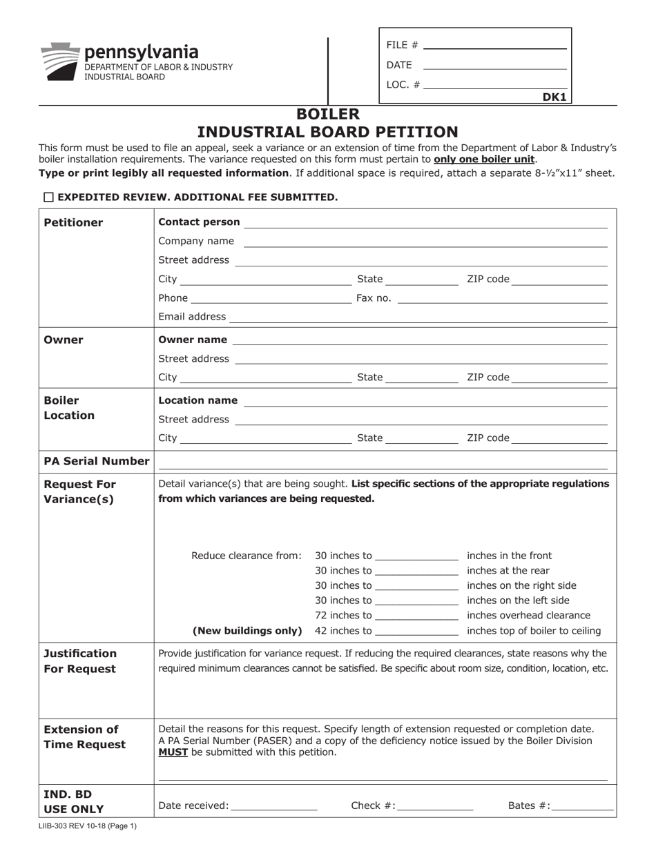 Form LIIB-303 Boiler - Industrial Board Petition - Pennsylvania, Page 1