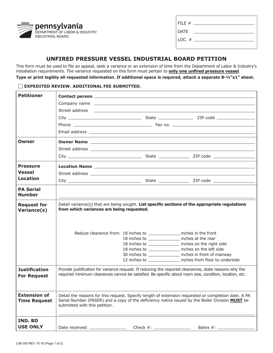 Form LIIB-305 Unfired Pressure Vessel Industrial Board Petition - Pennsylvania, Page 1