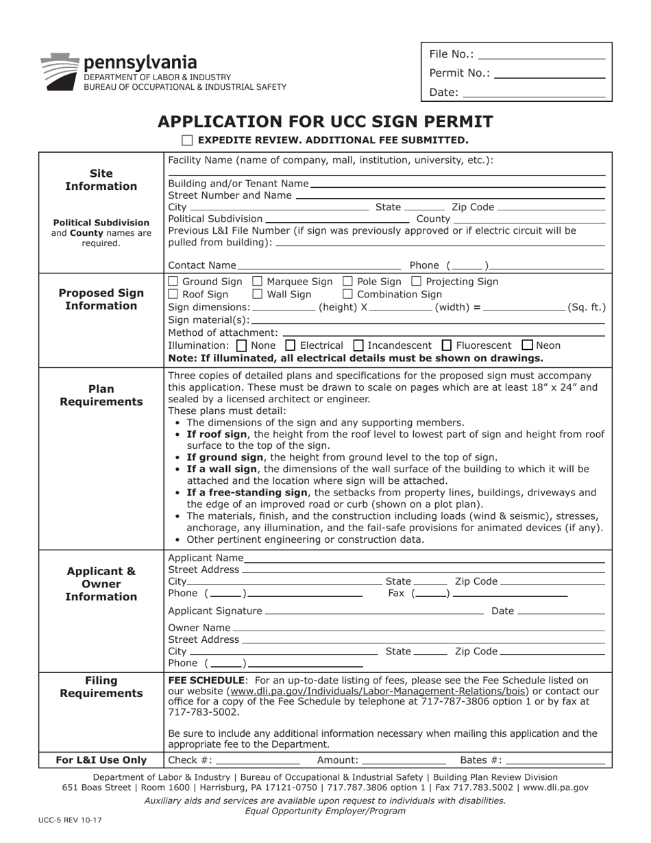 Form UCC-5 Application for Ucc Sign Permit - Pennsylvania, Page 1