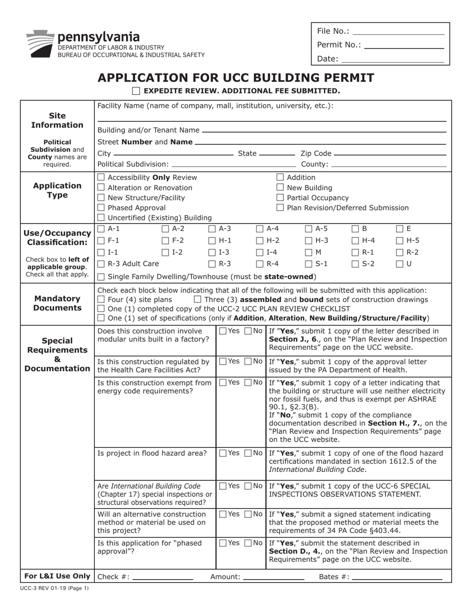 Form UCC-3 Application for Ucc Building Permit - Pennsylvania, Page 1