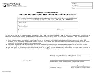 Form UCC-6 &quot;Special Inspections and Observations Statement&quot; - Pennsylvania