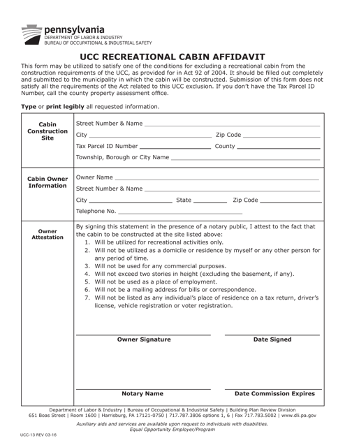 Form UCC-13 Ucc Recreational Cabin Affidavit - Pennsylvania