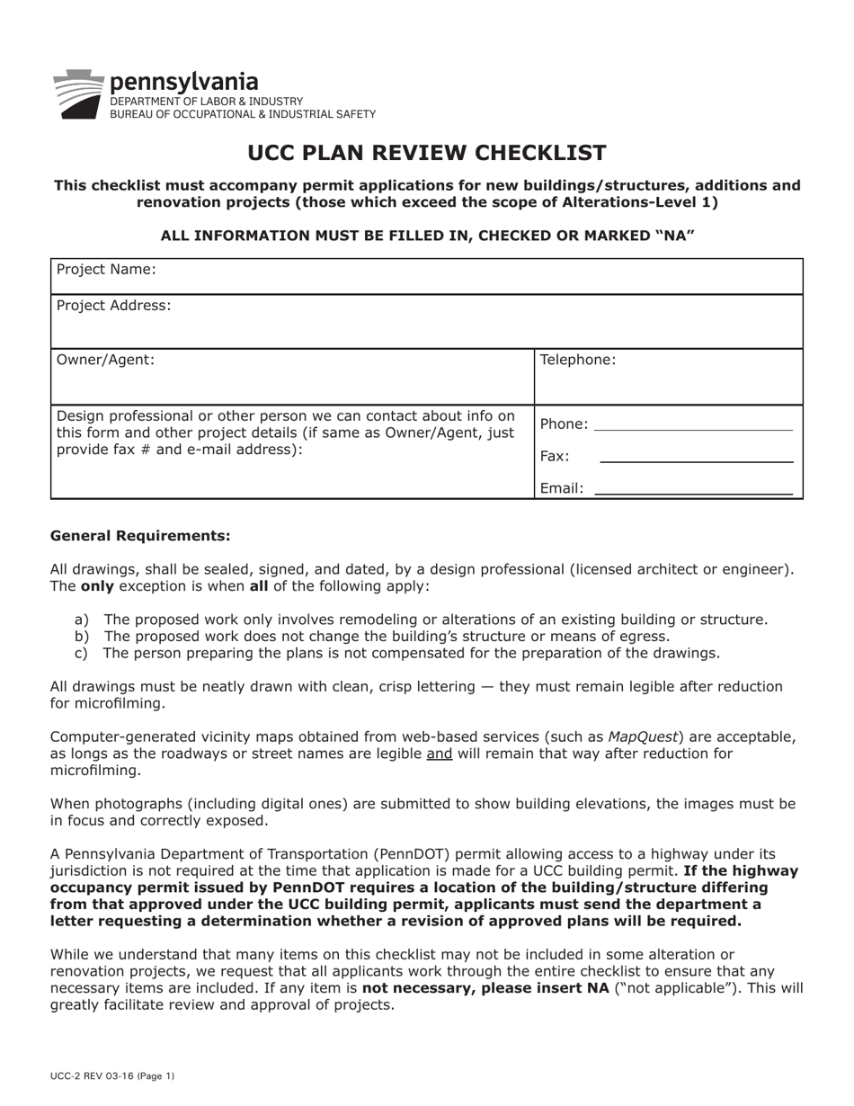 Form UCC-2 Ucc Plan Review Checklist - Pennsylvania, Page 1