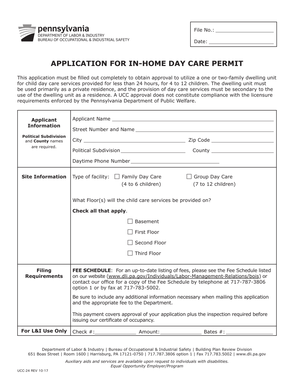 Form UCC-24 Application for in-Home Day Care Permit - Pennsylvania, Page 1