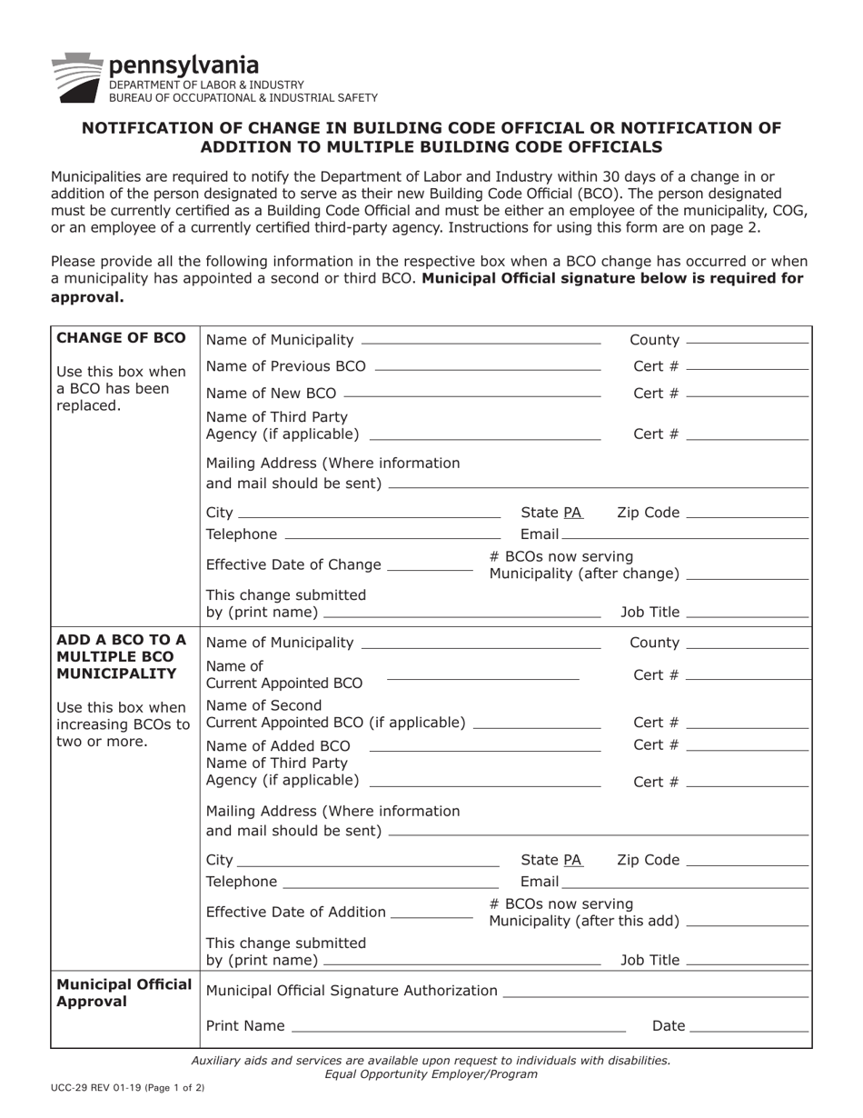 Form UCC-29 Notification of Change in Building Code Official or Notification of Addition to Multiple Building Code Officials - Pennsylvania, Page 1