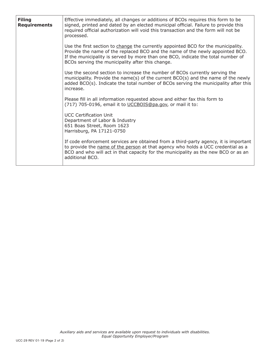 Form UCC-29 Notification of Change in Building Code Official or Notification of Addition to Multiple Building Code Officials - Pennsylvania, Page 2