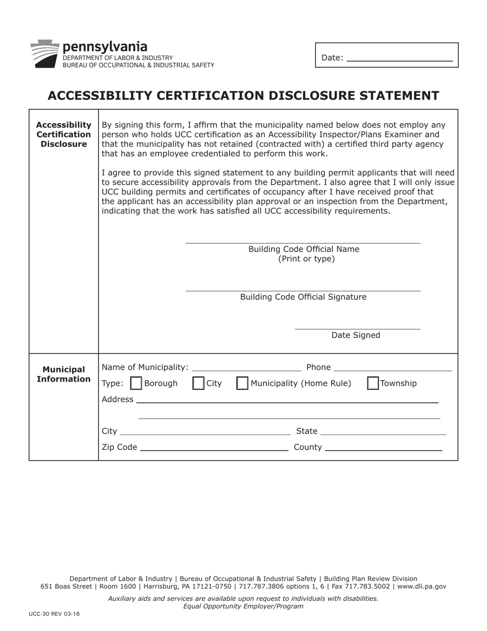 Form UCC-30 Accessibility Certification Disclosure Statement - Pennsylvania, Page 1