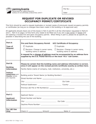 Form UCC-27 Request for Duplicate or Revised Occupancy Permit/Certificate - Pennsylvania