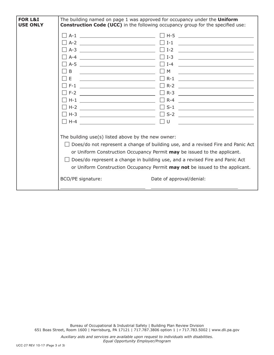 Form UCC-27 Request for Duplicate or Revised Occupancy Permit / Certificate - Pennsylvania, Page 3