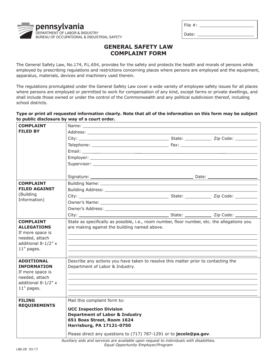 Form LIBI-28 General Safety Law Complaint Form - Pennsylvania, Page 1