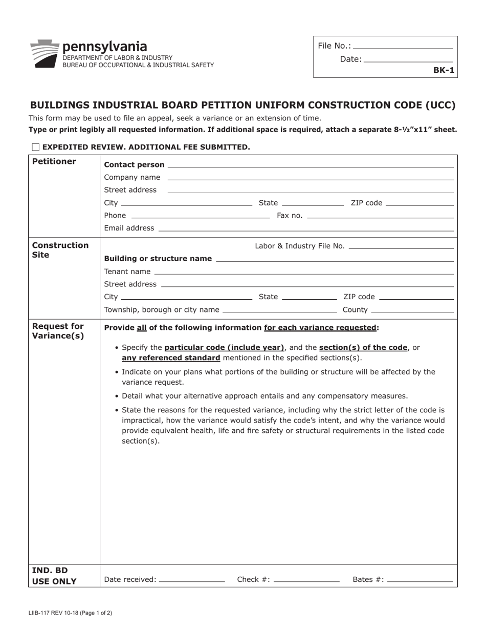 Form LIIB-117 Buildings Industrial Board Petition Uniform Construction Code (Ucc) - Pennsylvania, Page 1