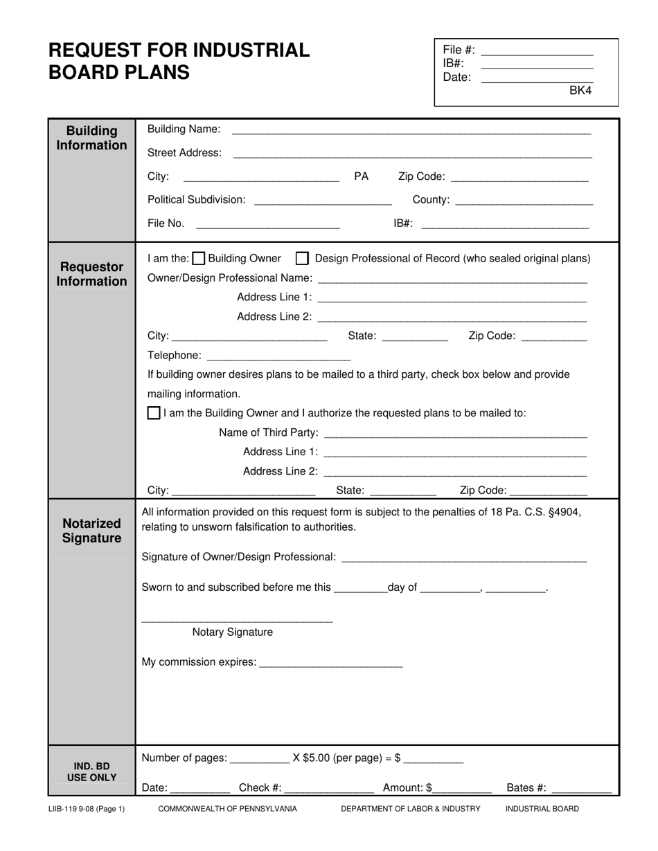 Form LIIB-119 Request for Industrial Board Plans - Pennsylvania, Page 1