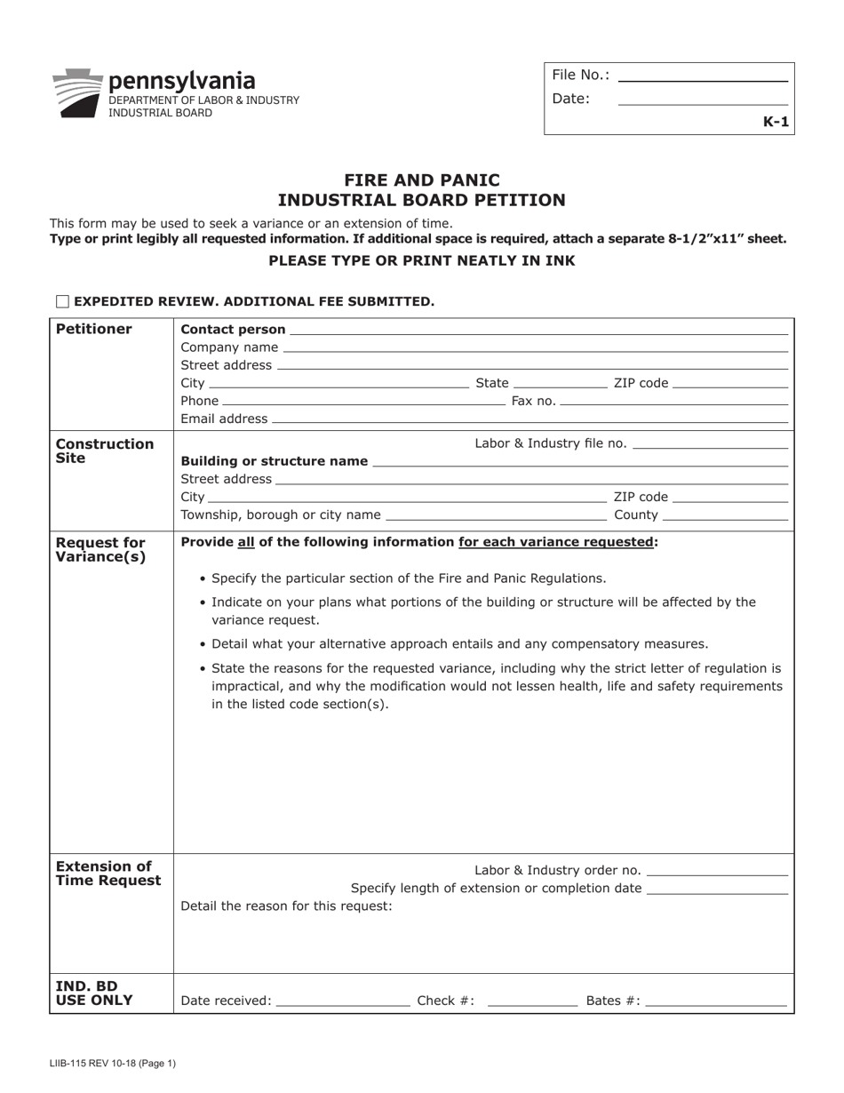 Form LIIB-115 Fire and Panic Industrial Board Petition - Pennsylvania, Page 1