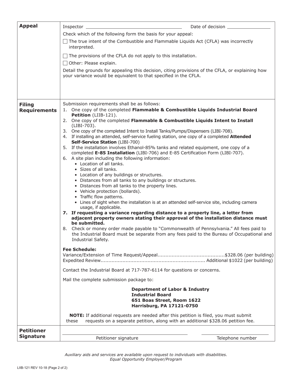 Form LIIB-121 Flammable  Combustible Liquids Industrial Board Petition - Pennsylvania, Page 2