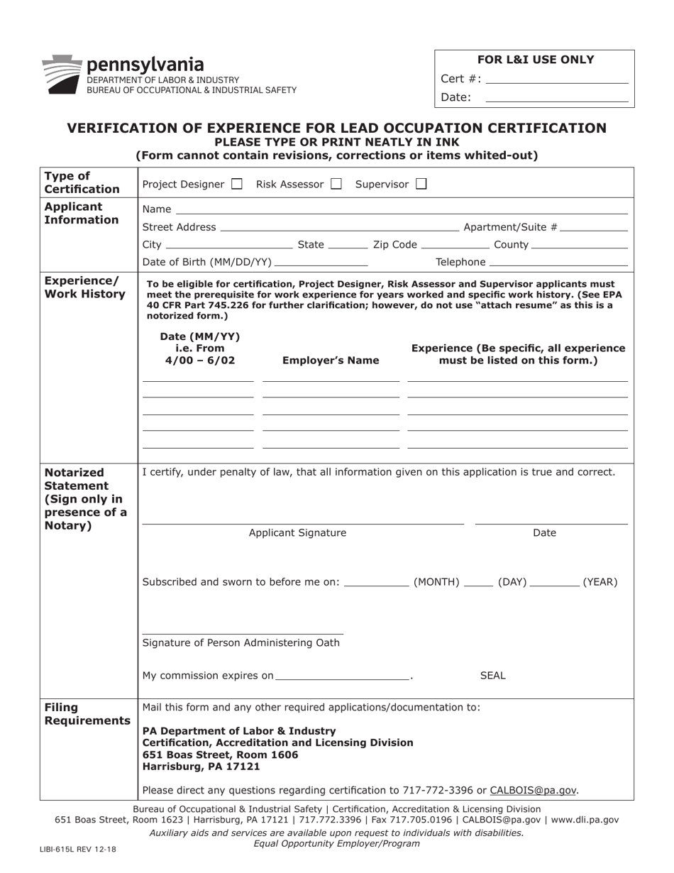 Form LIBI-615L Verification of Experience for Lead Occupation Certification - Pennsylvania, Page 1