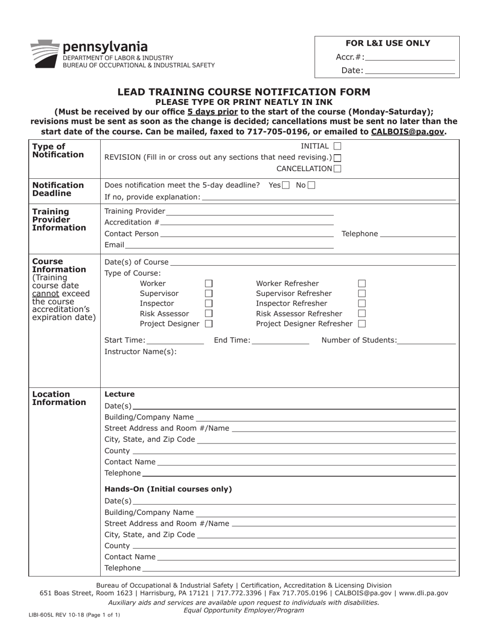 Form LIBI-605L Lead Training Course Notification Form - Pennsylvania, Page 1