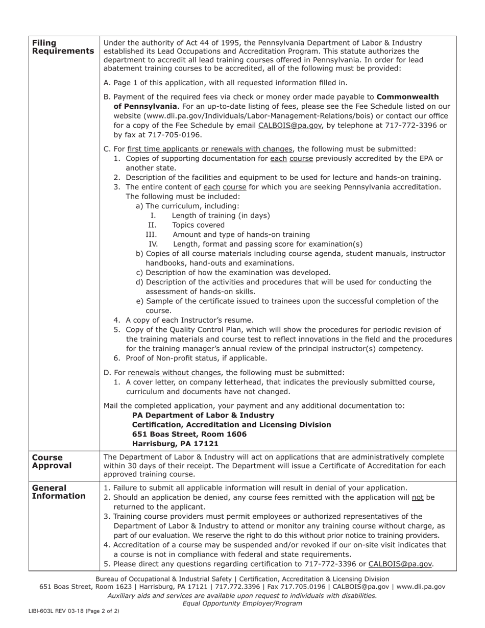 Form LIBI-603L Lead Training Course Accreditation Application - Pennsylvania, Page 2