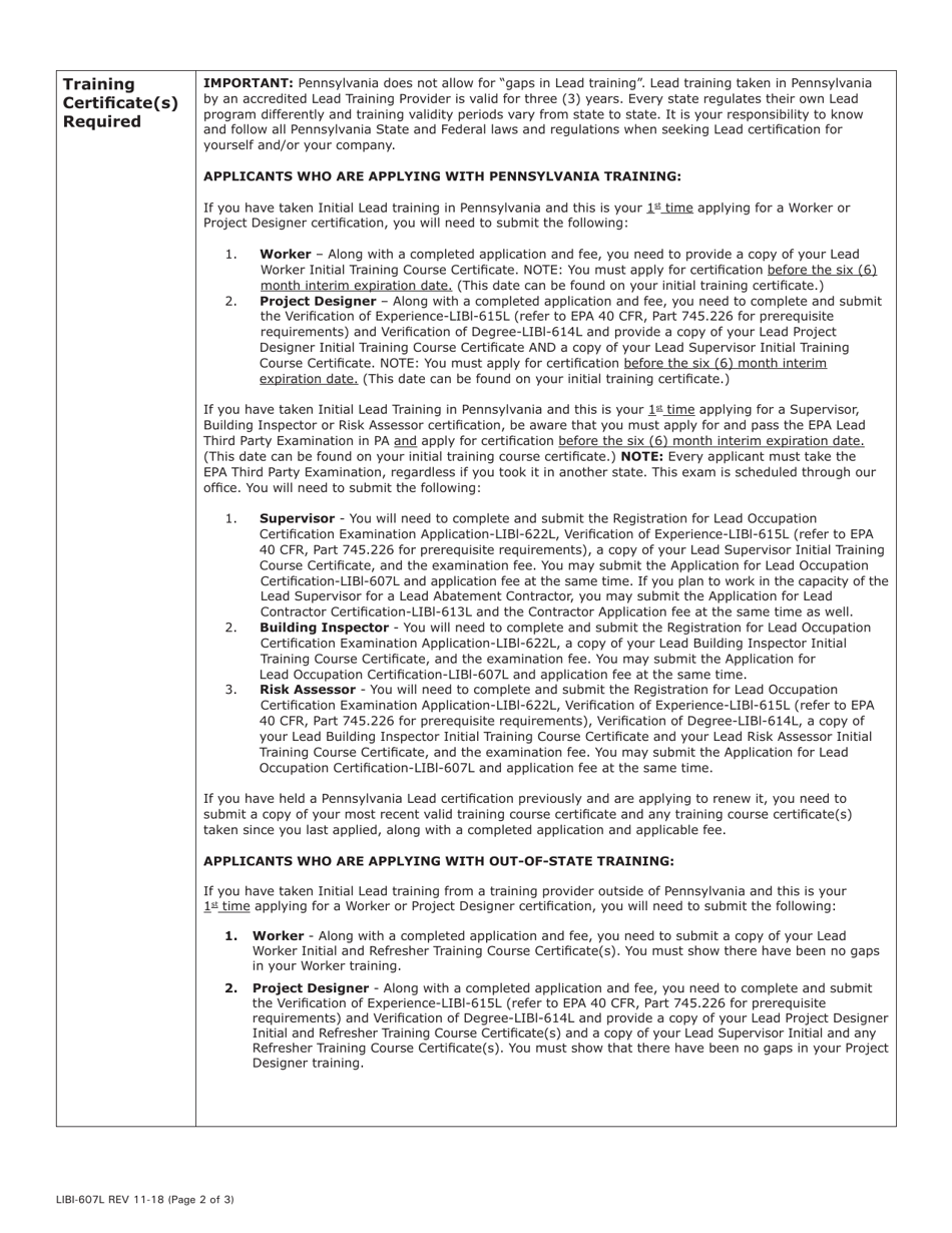 Form LIBI-607L Application for Lead Occupation Certification - Pennsylvania, Page 2