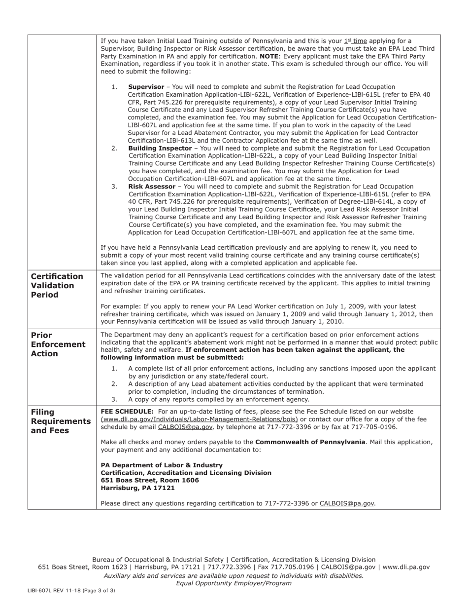 Form LIBI-607L Application for Lead Occupation Certification - Pennsylvania, Page 3