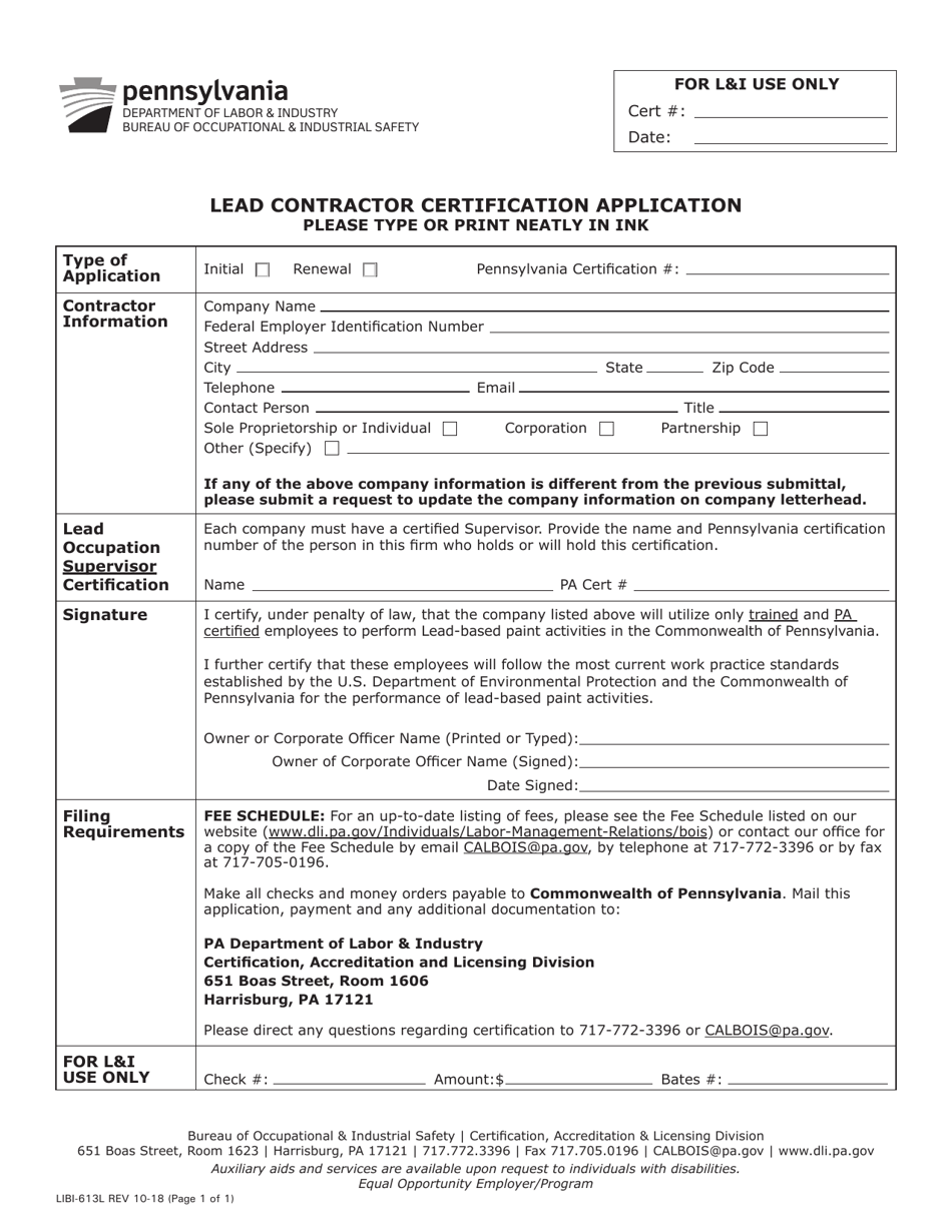 Form LIBI-613L Lead Contractor Certification Application - Pennsylvania, Page 1