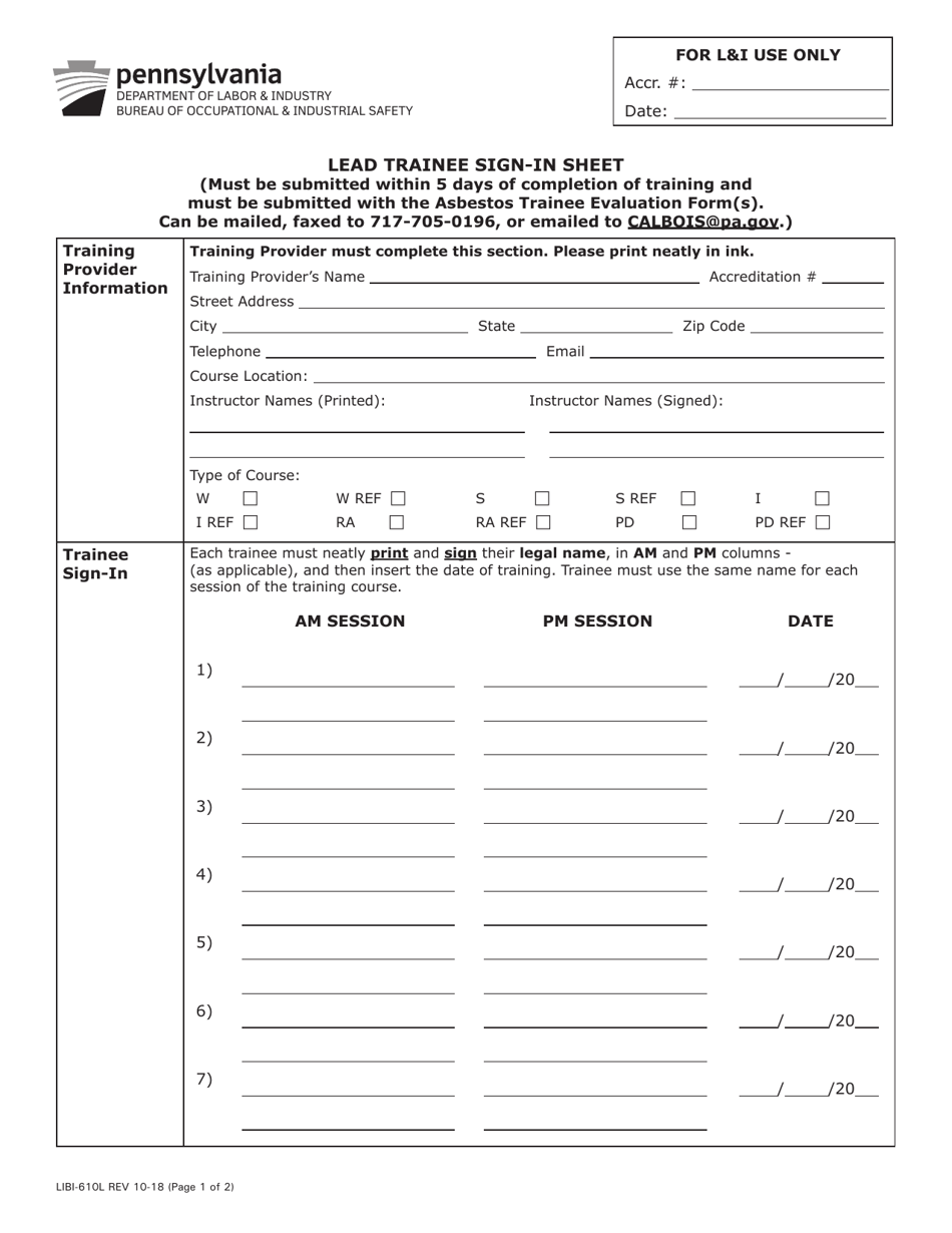 Form LIBI-610L Lead Trainee Sign-In Sheet - Pennsylvania, Page 1
