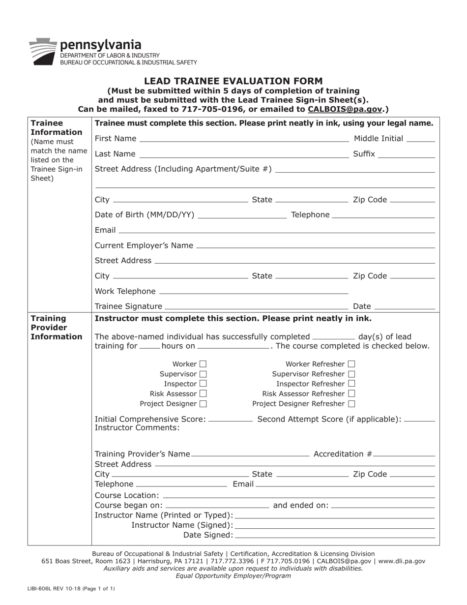 Form LIBI-606L Lead Trainee Evaluation Form - Pennsylvania, Page 1