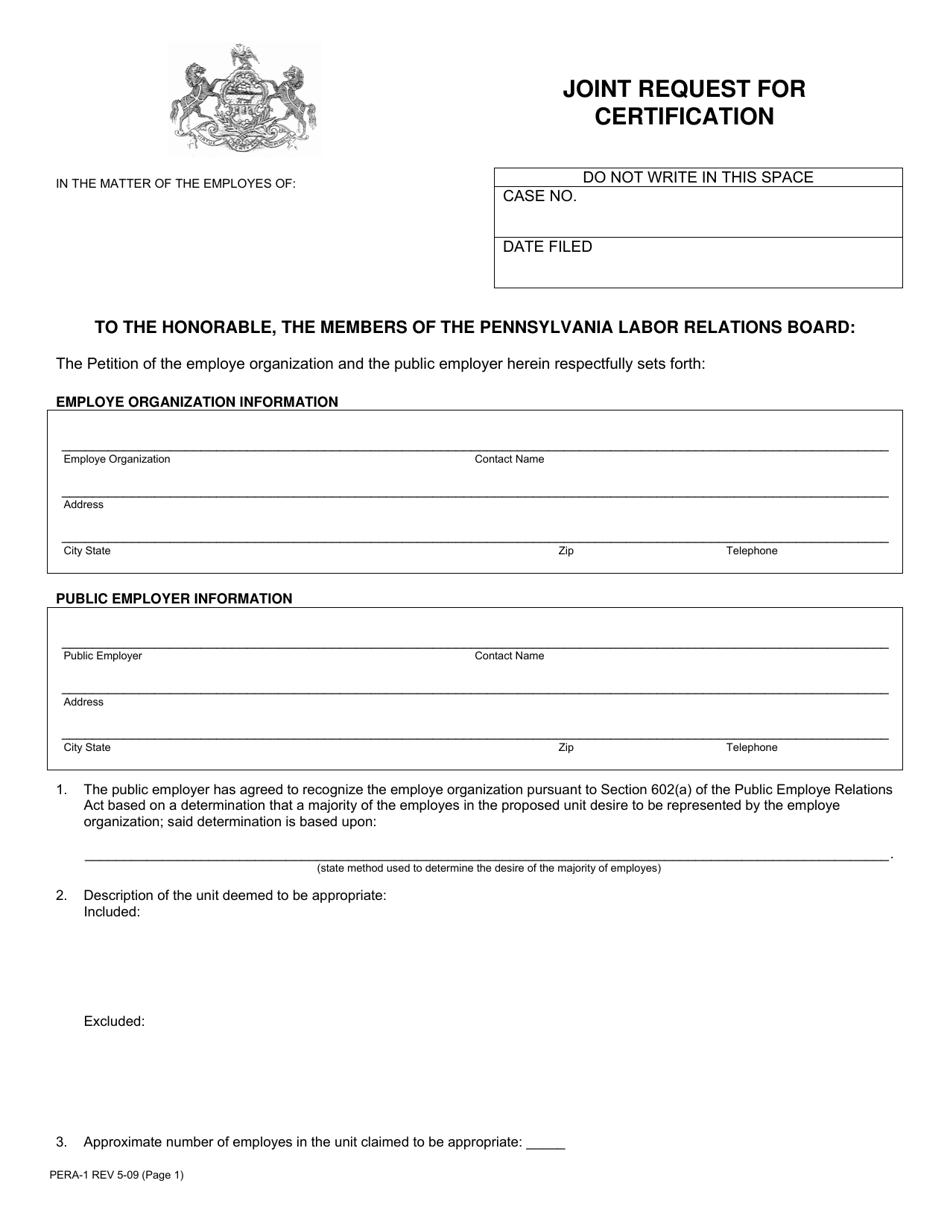 Form PERA-1 Joint Request for Certification - Pennsylvania, Page 1