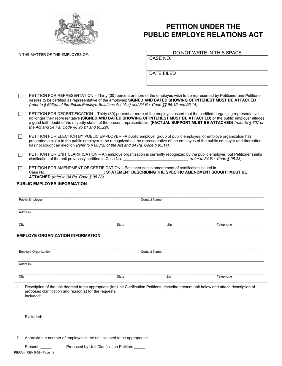 Form PERA-4 Petition Under the Public Employe Relations Act - Pennsylvania, Page 1