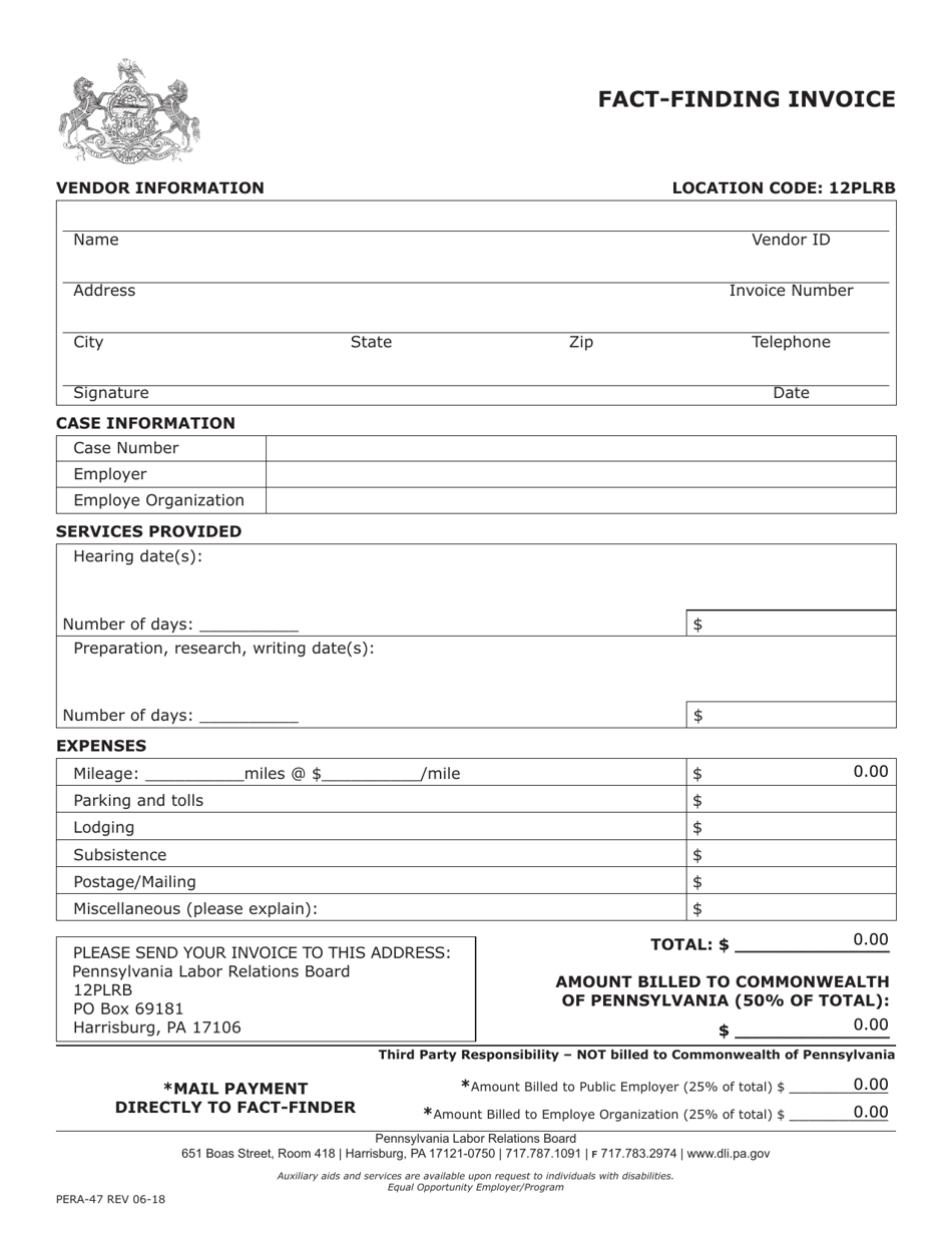 Form PERA-47 Fact-Finding Invoice - Pennsylvania, Page 1