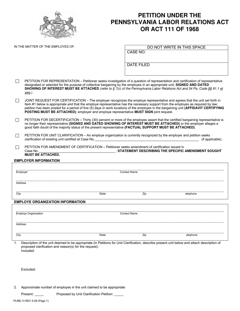 Form PLRB-13 Petition Under the Pennsylvania Labor Relations Act or Act 111 of 1968 - Pennsylvania, Page 1
