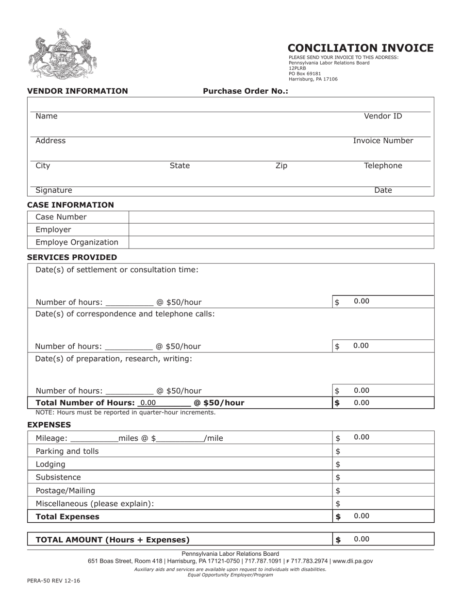 Form PERA-50 Conciliation Invoice - Pennsylvania, Page 1