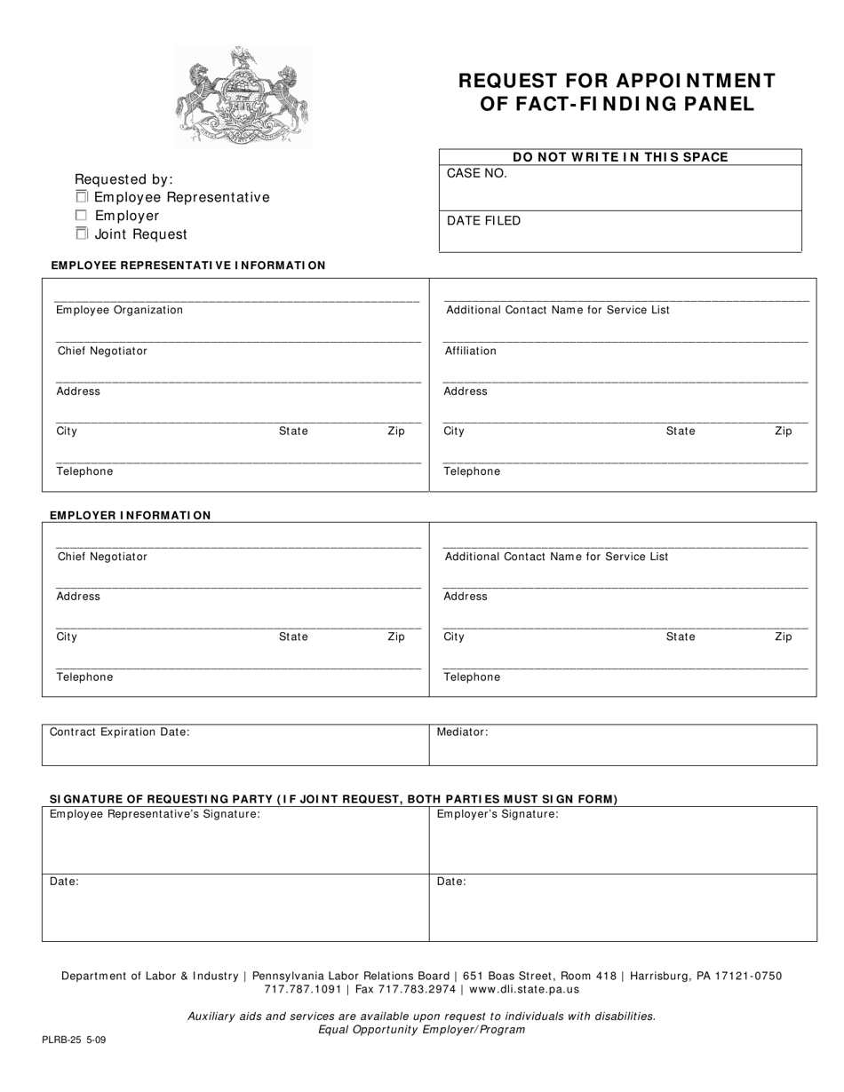 Form PLRB-25 Request for Appointment of Fact-Finding Panel - Pennsylvania, Page 1