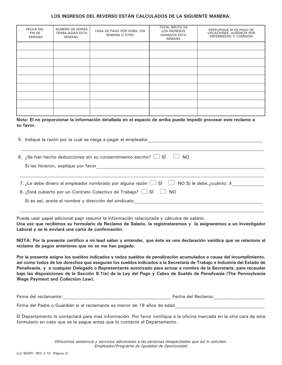 Formulario LLC-9 Formulario De Reclamo De Sueldo - Pennsylvania (Spanish), Page 2