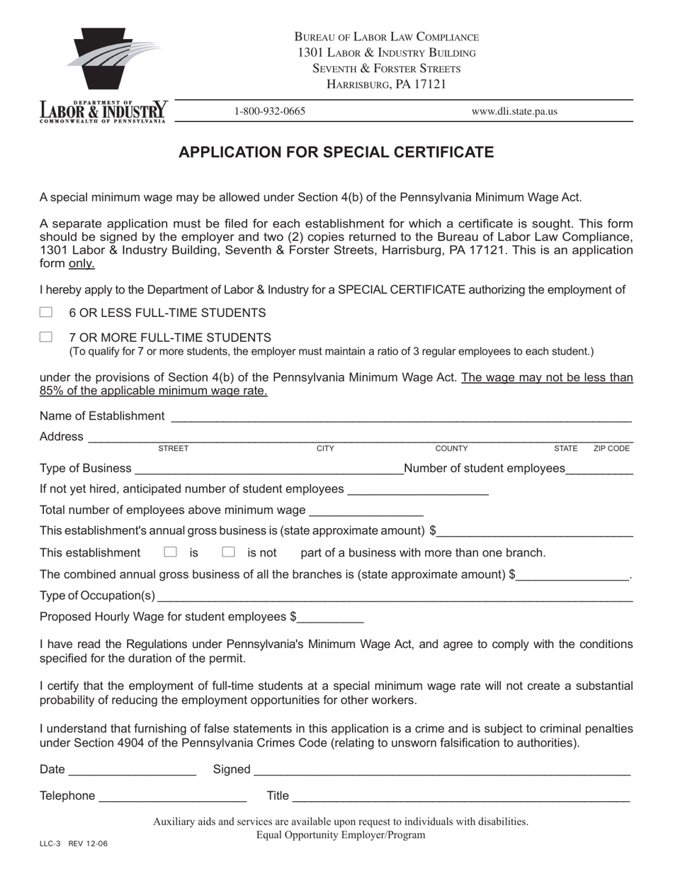Form LLC-3 Application for Special Certificate - Pennsylvania, Page 1