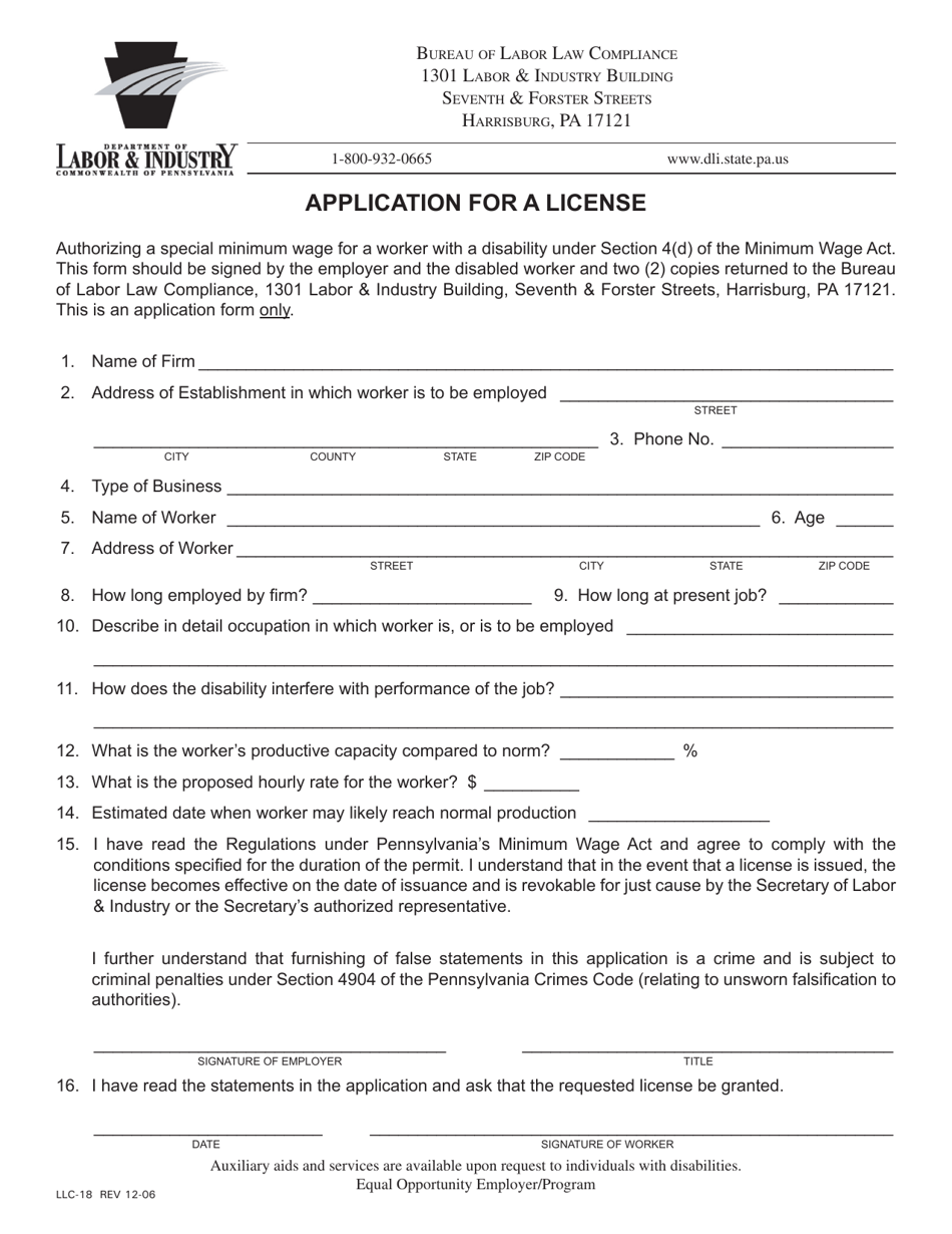 Form LLC-18 Application for a License - Pennsylvania, Page 1