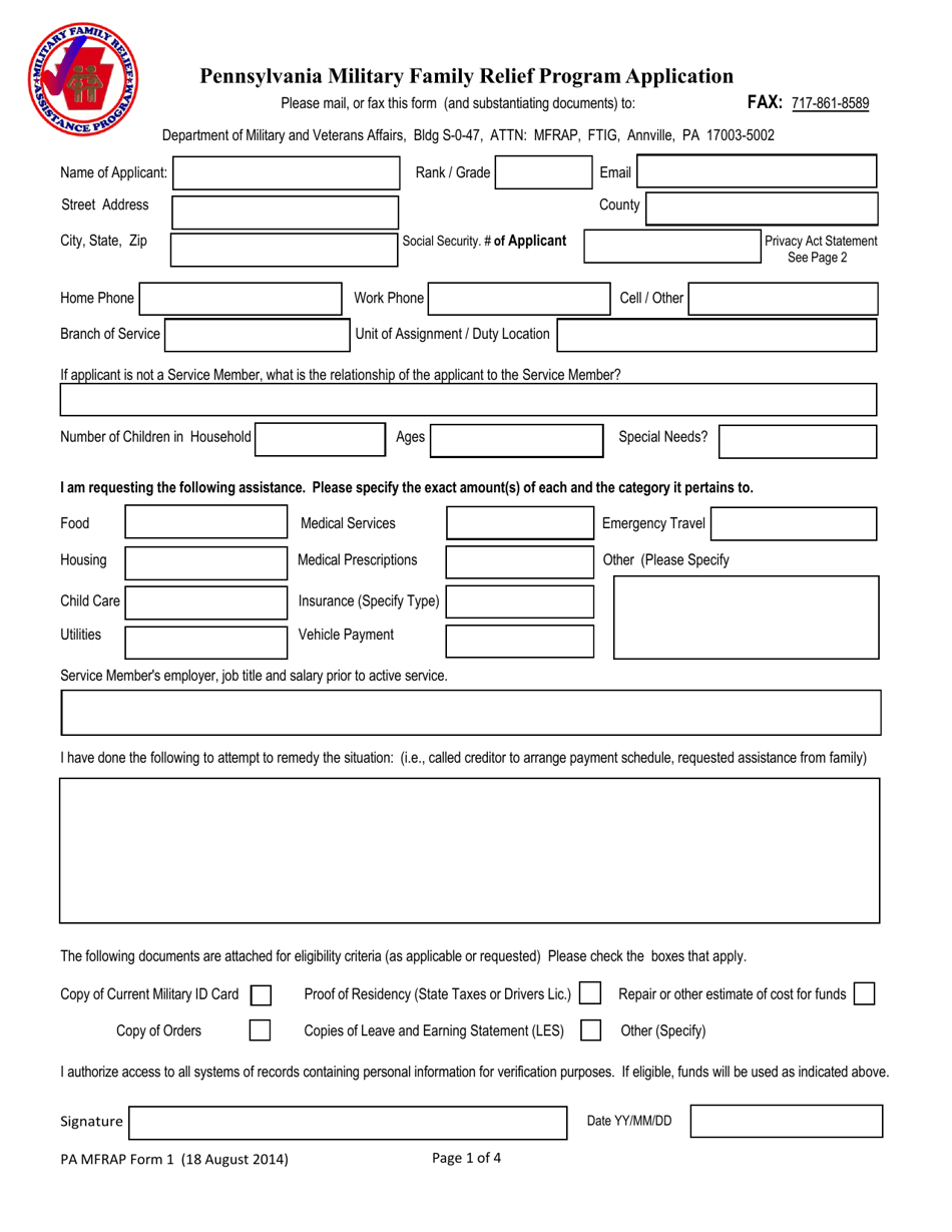 PA MFRAP Form 1 Pennsylvania Military Family Relief Program Application - Pennsylvania, Page 1