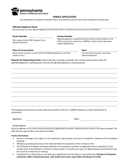 Pennsylvania Parole Application Download Printable PDF | Templateroller