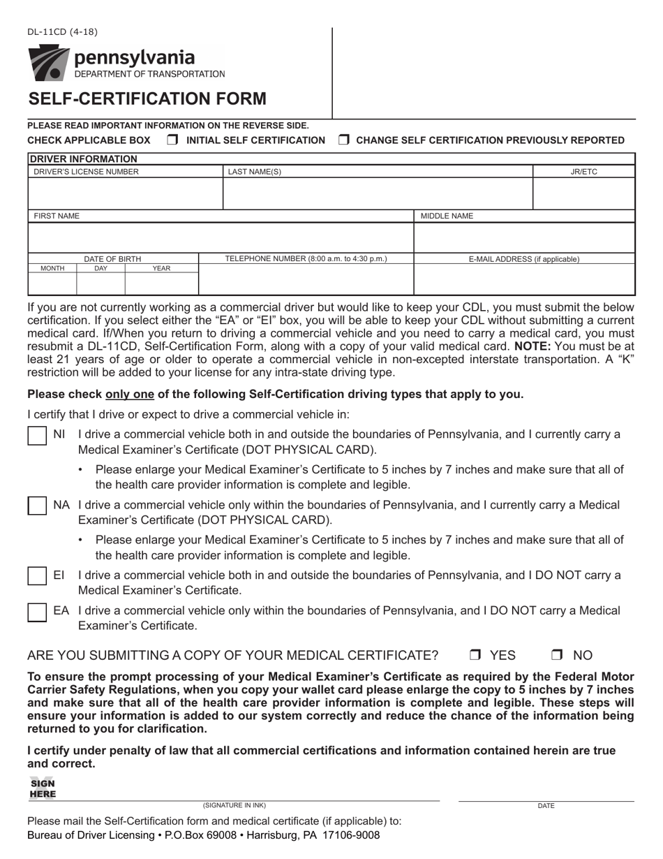 Form DL-11CD Self-certification Form - Pennsylvania, Page 1