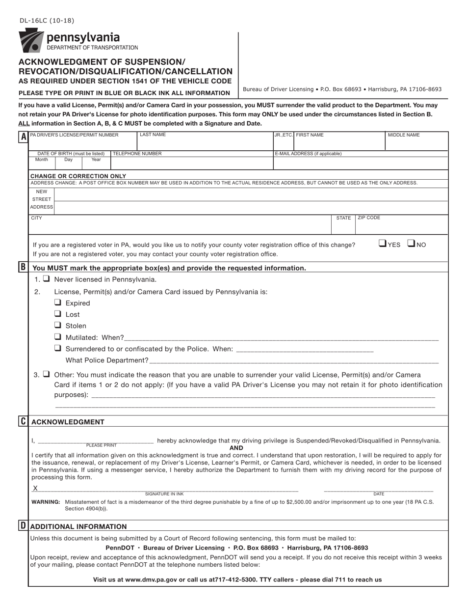 Form DL-16LC Acknowledgment of Suspension / Revocation / Disqualification / Cancellation as Required Under Section 1541 of the Vehicle Code - Pennsylvania, Page 1