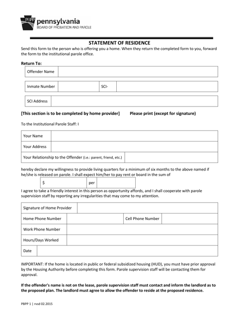 Form PBPP1 Statement of Residence - Pennsylvania
