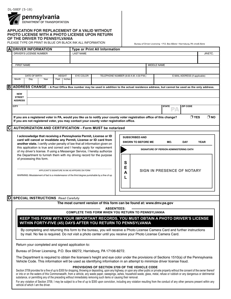Form DL-58EF Application for Replacement of a Valid Without Photo License With a Photo License Upon Return of the Driver to Pennsylvania - Pennsylvania, Page 1