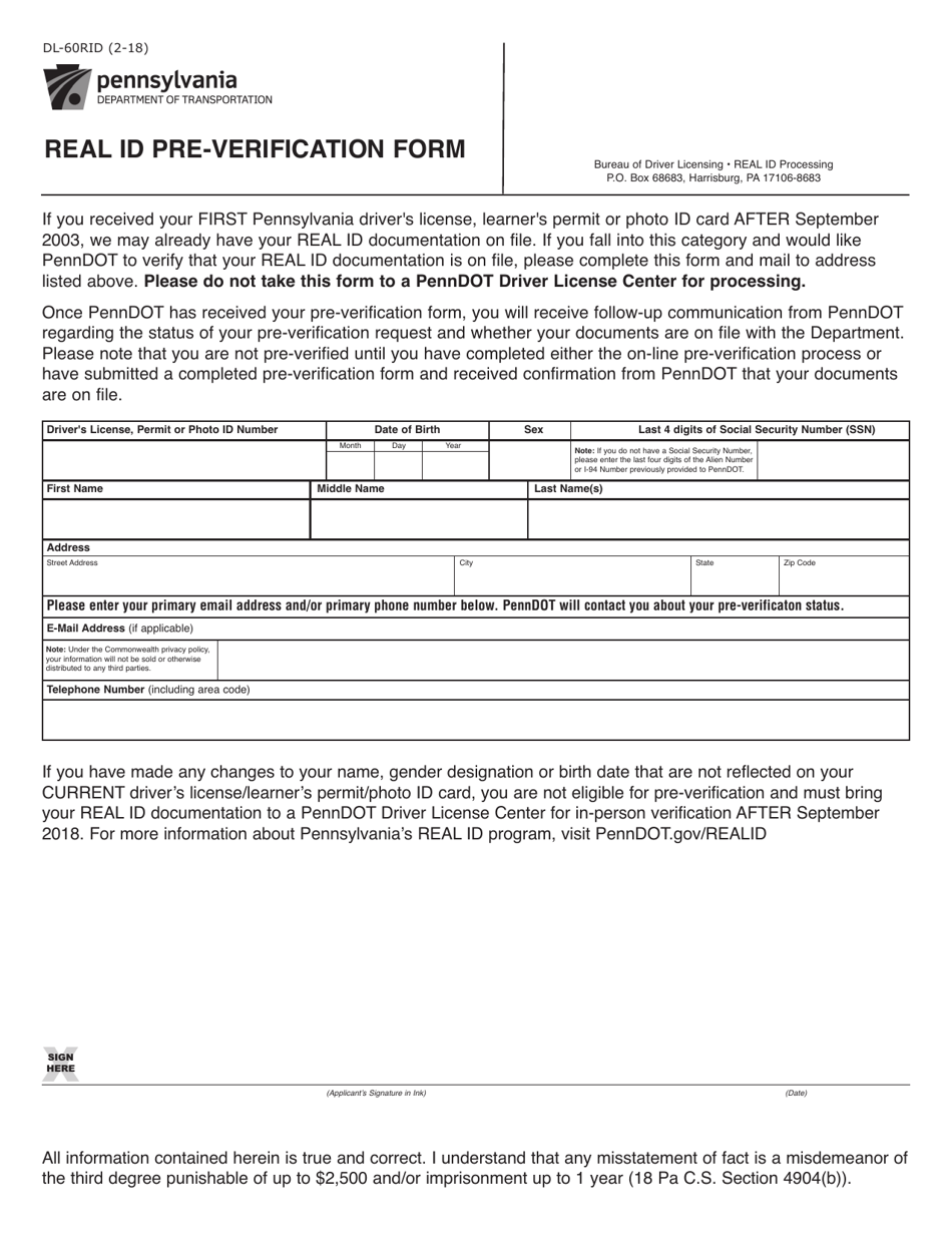 Form DL-60RID Real Id Pre-verification Form - Pennsylvania, Page 1