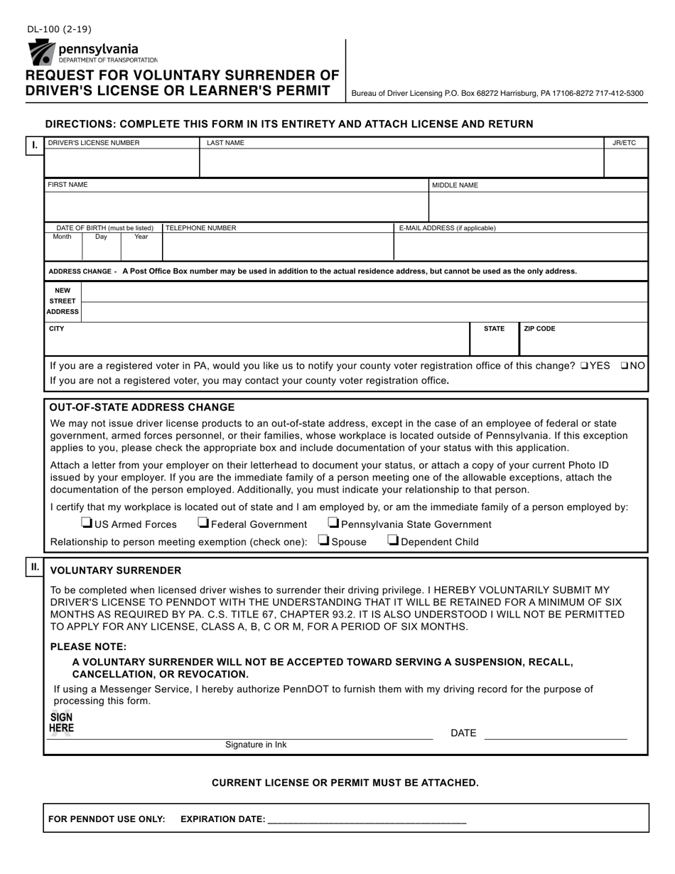 Form DL-100 Request for Voluntary Surrender of Drivers License or Learners Permit - Pennsylvania, Page 1