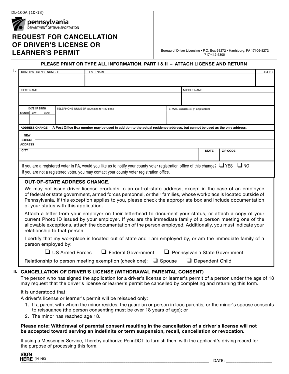 Form DL-100A Request for Cancellation of Drivers License or Learners Permit - Pennsylvania, Page 1