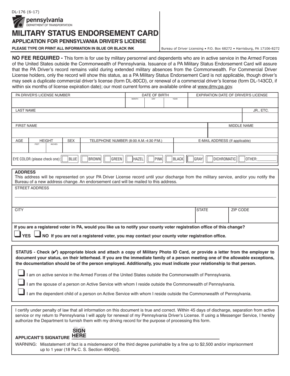 Form DL-176 Military Status Endorsement Card - Pennsylvania, Page 1