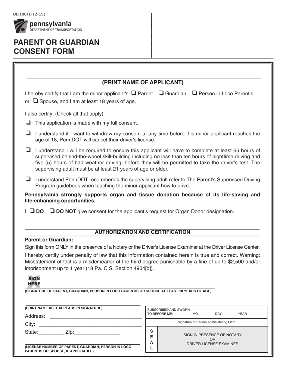 Form DL-180TD Parent or Guardian Consent Form - Pennsylvania, Page 1