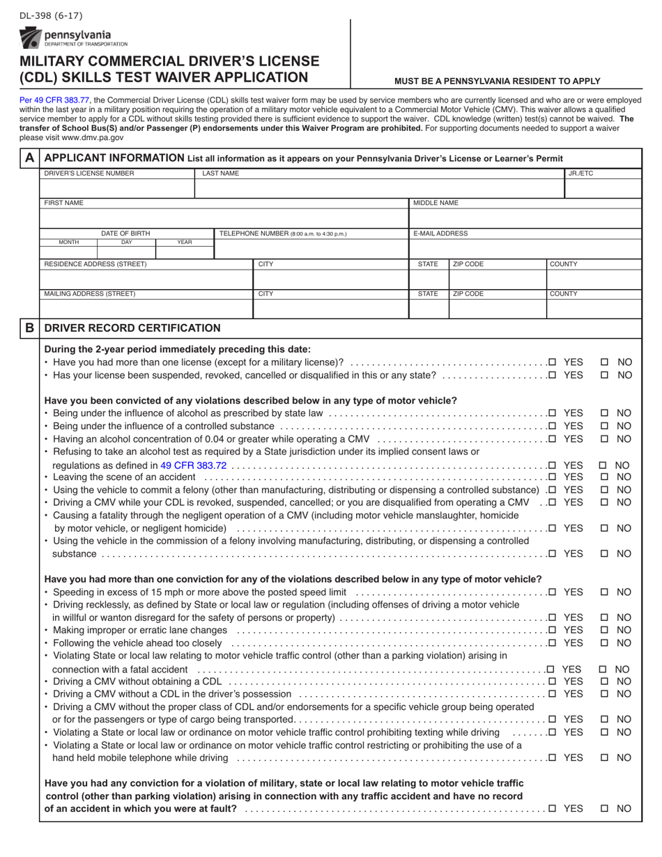 Form DL-398 Military Commercial Drivers License (Cdl) Skills Test Waiver Application - Pennsylvania, Page 1