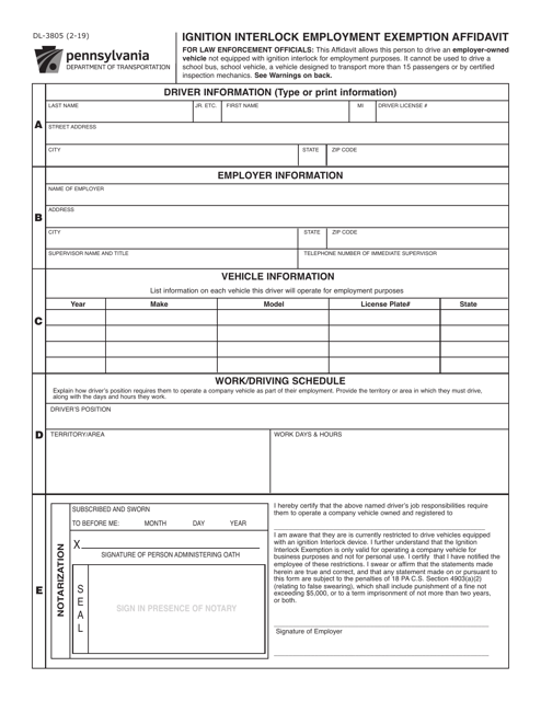 Form DL-3805 Ignition Interlock Employment Exemption Affidavit - Pennsylvania