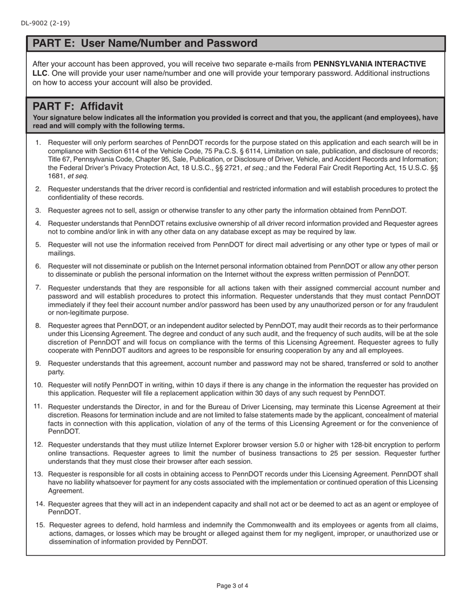 Form DL-9002 Internet User Application / Licensing Agreement for Government Agencies - Pennsylvania, Page 3