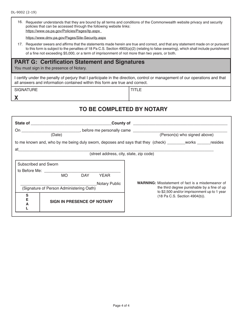 Form DL-9002 Internet User Application / Licensing Agreement for Government Agencies - Pennsylvania, Page 4